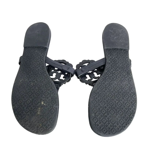 Tory Burch Miller Scallop Leather Sandals Navy Blue/Black Slide Women’s Size 10 - Picture 8 of 9